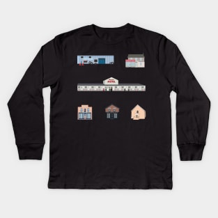 The Schitt's Creek Buildings, from the Rosebud Motel to Rose Apothecary Kids Long Sleeve T-Shirt